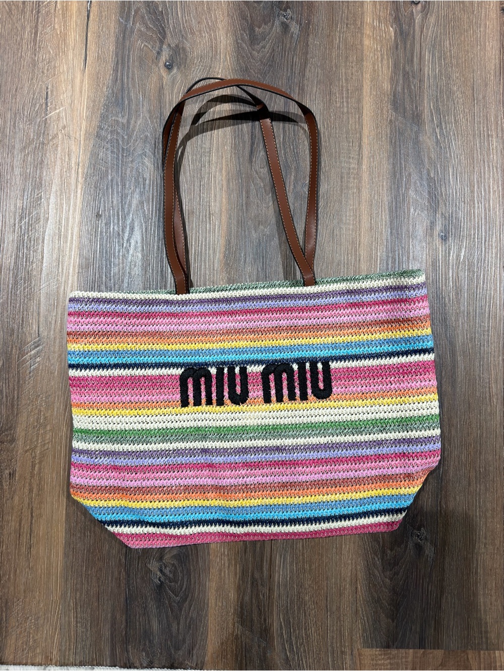 Rainbow Striped Crochet Tote in Pink, Blue, Yellow and Green - Picture 2 of 3